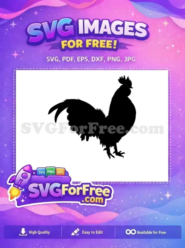 A bold free black rooster silhouette, standing proudly, featuring detailed comb and tail feathers. Ideal free farm animal SVG.