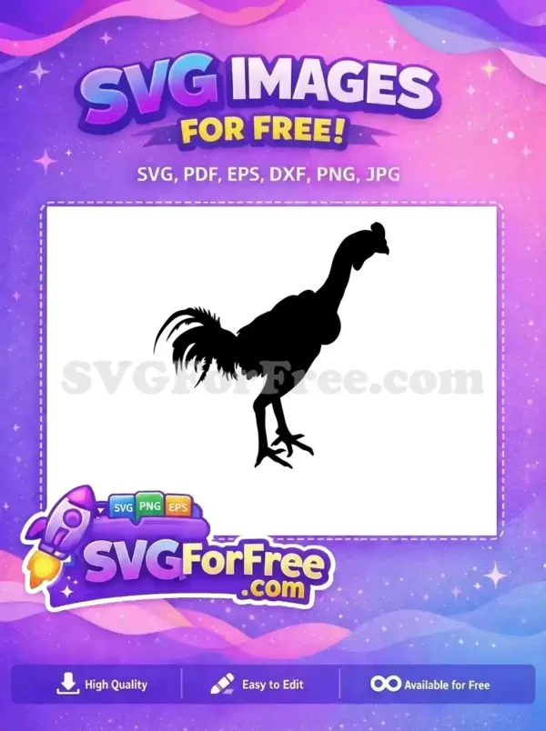 A striking free black silhouette of a proud rooster standing, ready for your next project. This free SVG offers farm animal charm.