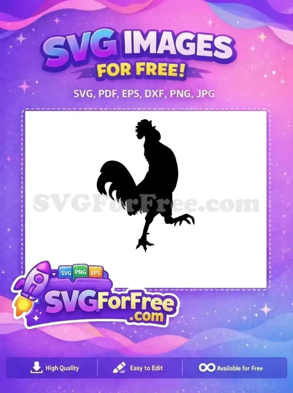A free striking black silhouette of a rooster mid-strut, showcasing its comb, wattle, and tail feathers. Get this free design!