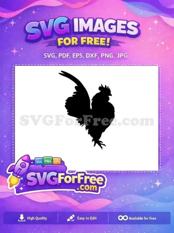 A majestic free rooster silhouette, capturing its dynamic strut with fanned tail feathers, ideal for farm animal themed free designs.
