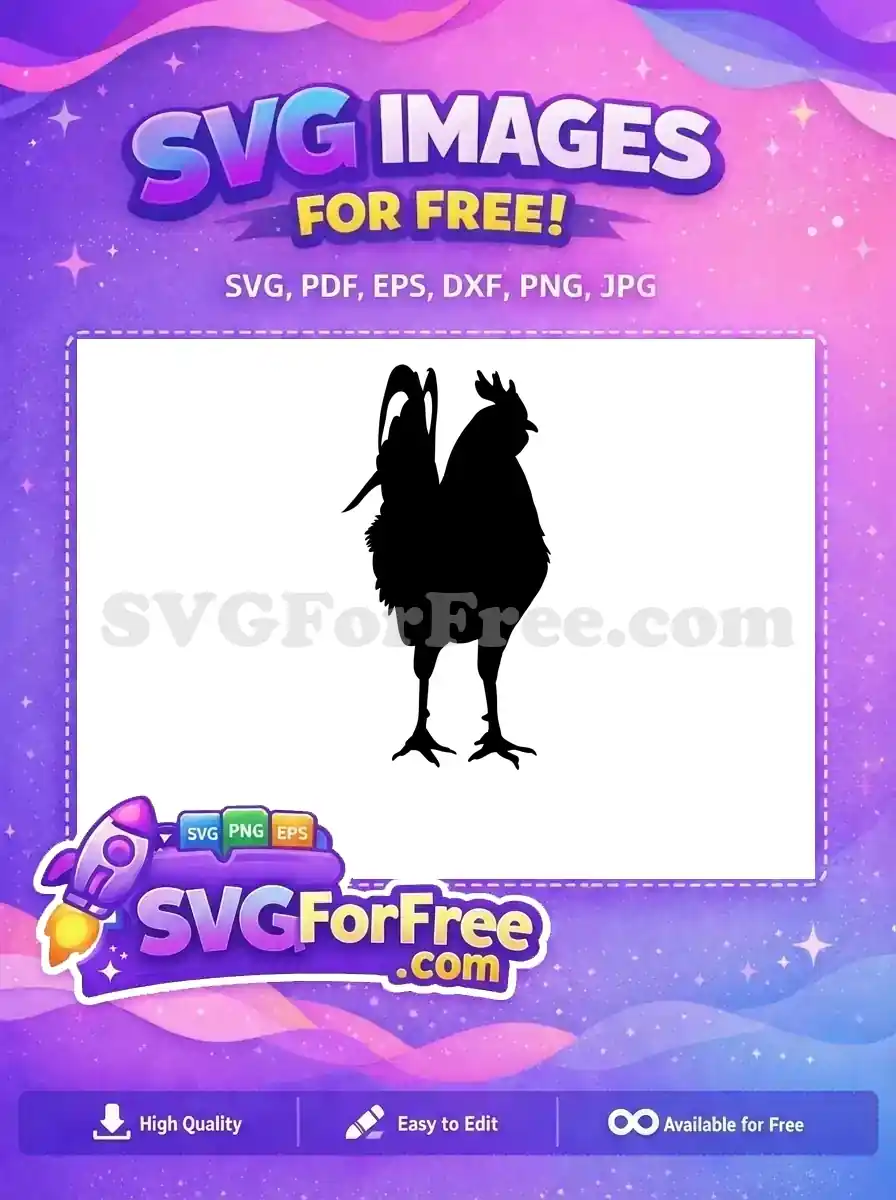 A proud free black rooster silhouette, showcasing its comb, wattle, and elegant tail. Ideal for farm-themed crafting projects.