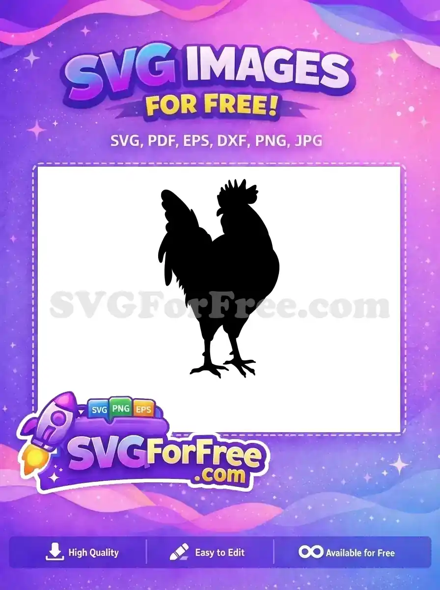 A bold, free black rooster silhouette, standing proudly, ideal for farm-themed crafts, logos, and vinyl decals. Download today!