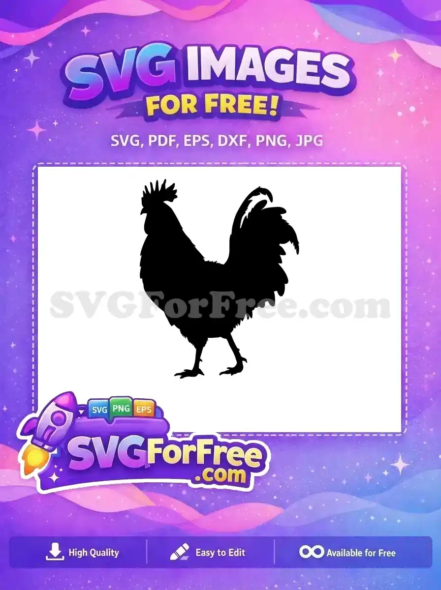 Striking free rooster silhouette SVG design, perfect for various creative projects. Download this detailed free farm animal graphic.