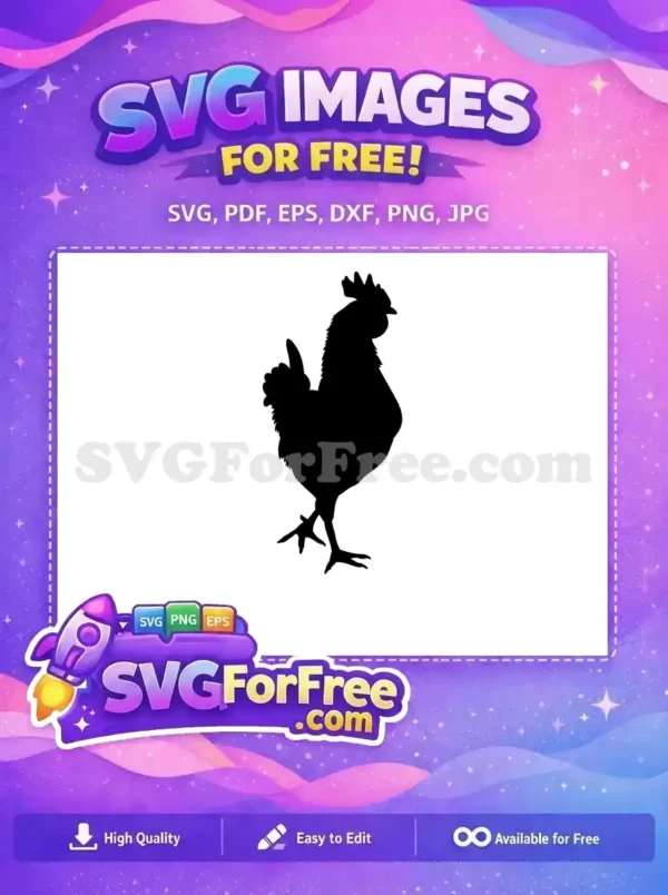 A beautiful free rooster silhouette SVG, showcasing its proud stance and detailed comb, ideal for farm animal themes.