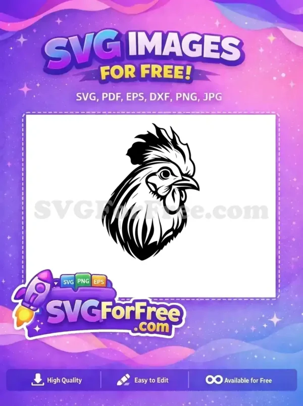 A striking free SVG of a rooster's head, featuring bold black lines and white space, ideal for various free design projects and crafts.