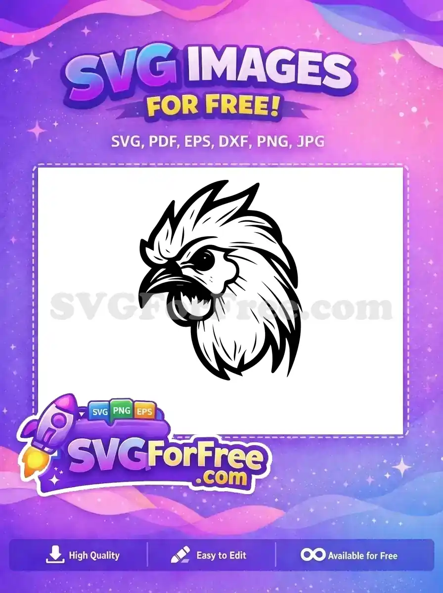 A striking black and white free rooster head design, ideal for bold logos and craft projects. Download this free SVG.