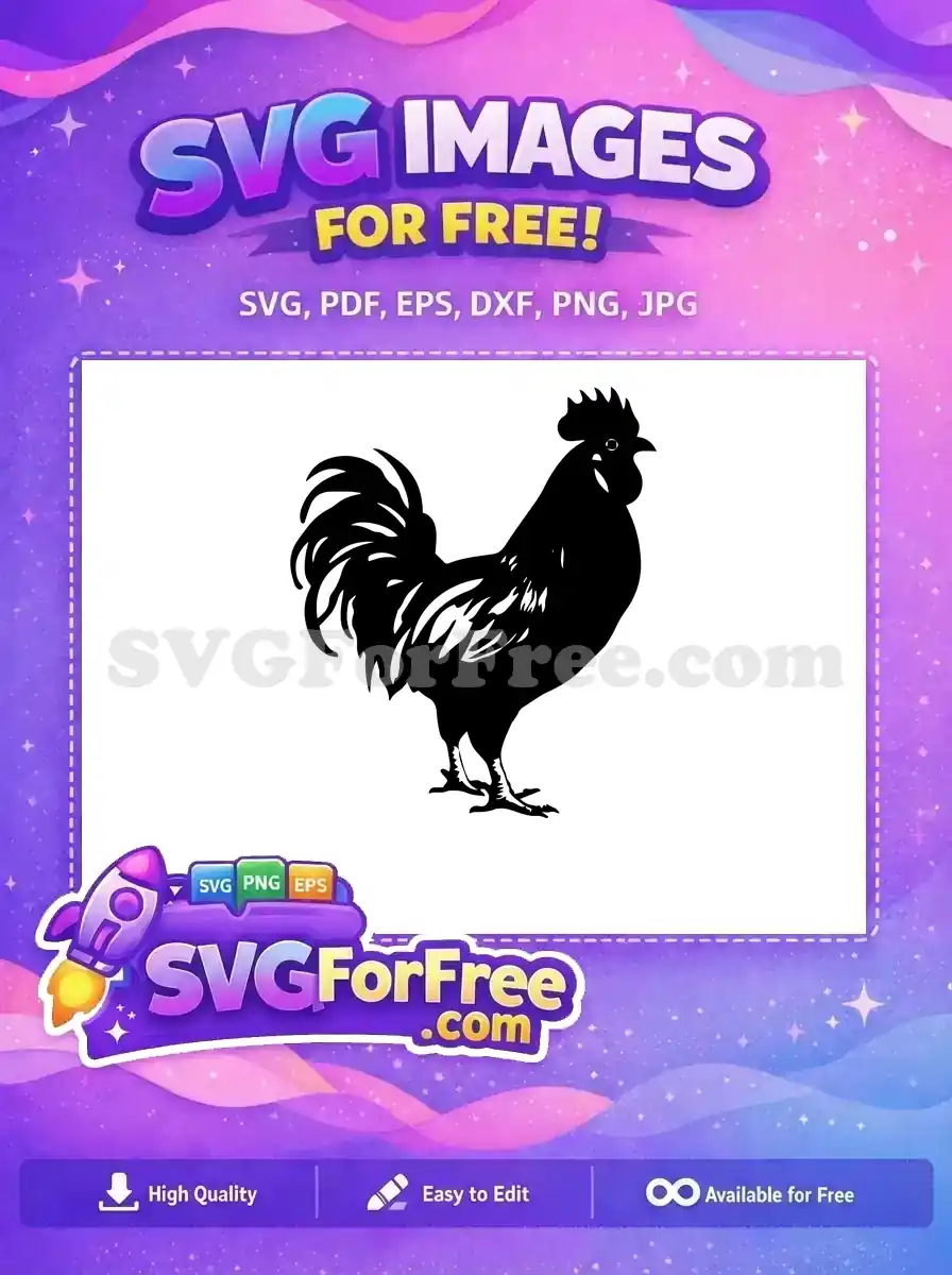 A majestic black rooster silhouette, a free design perfect for farmhouse decor or crafting projects. Get this free SVG now!