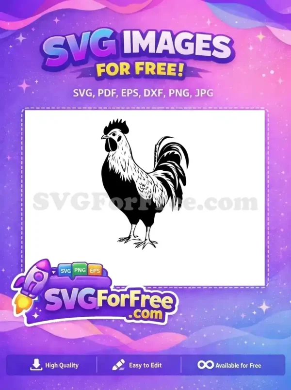 A majestic black and white rooster illustration, a free design for various crafts. This free SVG is perfect for farm themes.