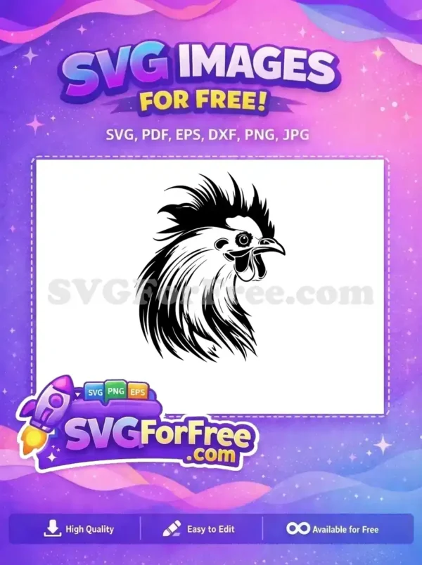 Free Rooster Head SVG – Dynamic Farm Animal Design A powerful free SVG of a black and white rooster head, featuring a detailed comb and ruffled feathers. Ideal for crafters.