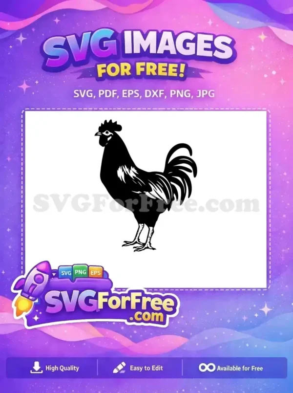 A striking free black rooster silhouette, ideal for farm themes, logos, or crafts. Download this versatile free design today!