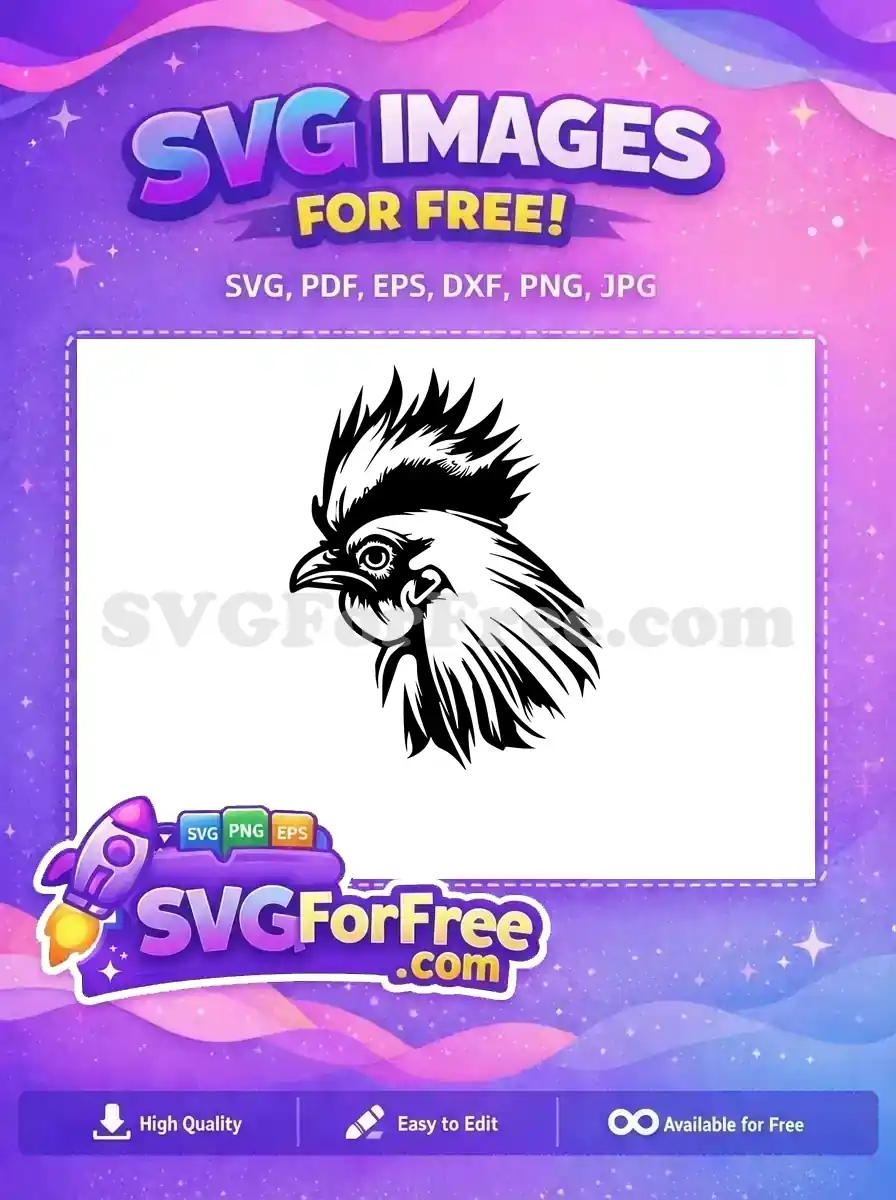 A striking black and white free rooster head design, showcasing intricate details and a bold, artistic style. This free design is highly versatile.