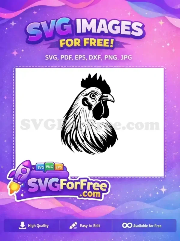 Striking free SVG of a rooster's head, featuring bold black and white lines and intricate feather details. A versatile free design ideal for craft projects and unique branding.