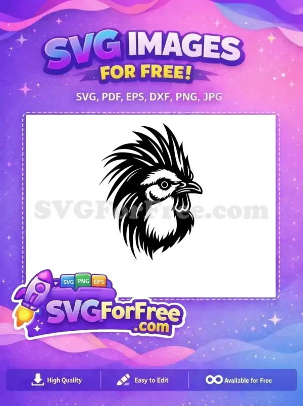 Free Rooster Head SVG Design – Bold & Dynamic Vector Art A striking black and white rooster head, featuring a bold, stylized crest and wattle. This free design is ideal for various creative projects.