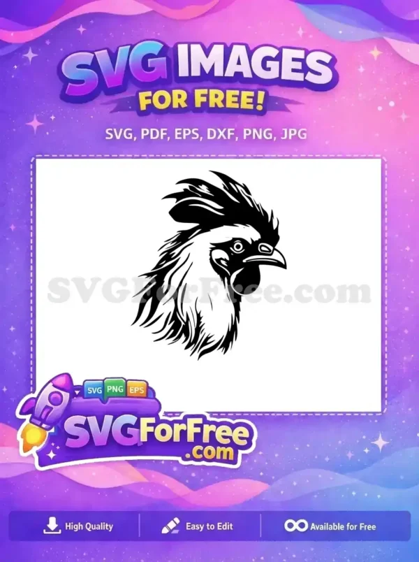 A striking black and white free rooster head SVG, featuring a detailed comb and wattle. Ideal for farm-themed free designs.