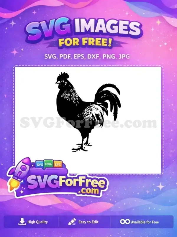 A free, bold black and white rooster SVG illustration, standing proudly, ideal for various creative projects.