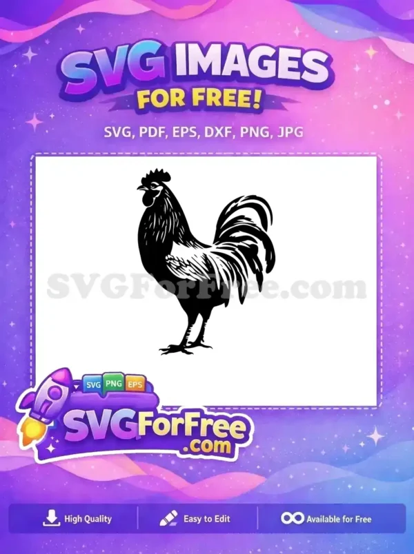 A striking free black rooster silhouette, detailed with flowing tail feathers and a proud stance. Ideal free vector art.