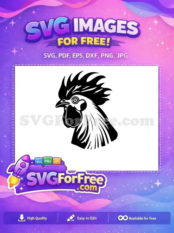 Discover this free design, a striking black and white rooster head vector art, ideal for spirited projects and crafts. Free for your creative endeavors!