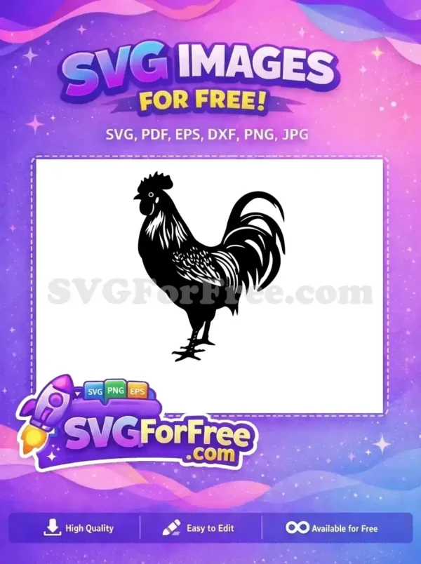 A majestic free rooster silhouette, detailed with feather textures, standing proudly. This free design is perfect for crafts.