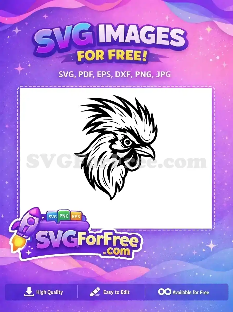 Free dynamic rooster head design, a striking black and white vector-style graphic for bold projects. Download this free SVG!