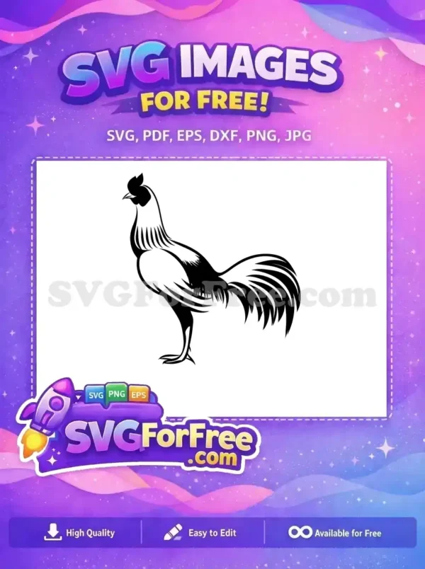 Free Rooster SVG Design – Majestic Farm Animal Vector A striking free rooster SVG vector in black and white, standing proudly. This free design is ideal for various creative projects.