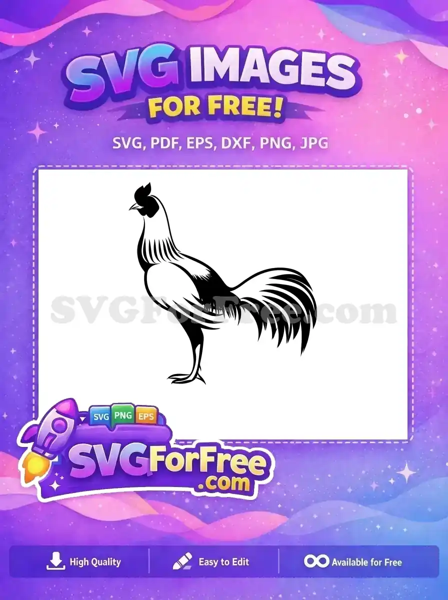 A striking free rooster SVG vector in black and white, standing proudly. This free design is ideal for various creative projects.