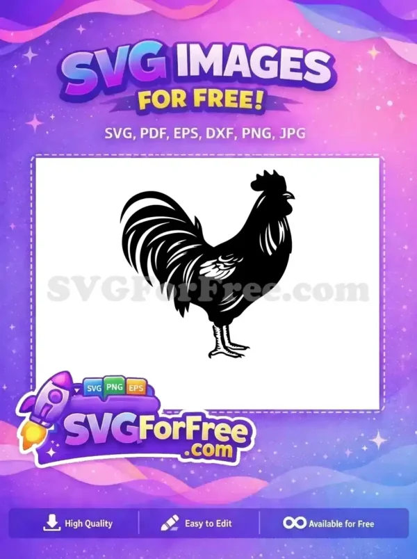 A magnificent free black rooster silhouette, detailed with striking feathers, comb, and wattle, ready for download.