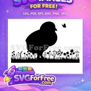 A delightful free silhouette of a baby chick in a field of flowers with a butterfly. This charming free design is perfect for spring projects.