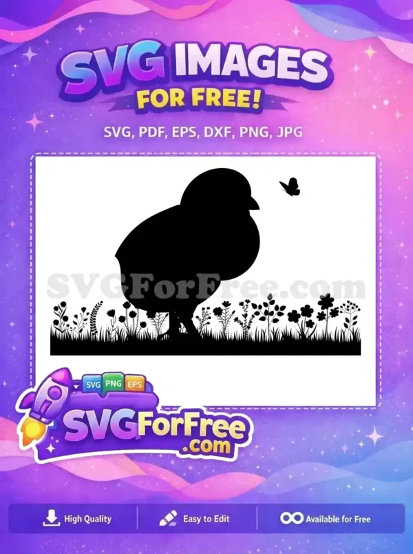 A delightful free silhouette of a baby chick in a field of flowers with a butterfly. This charming free design is perfect for spring projects.
