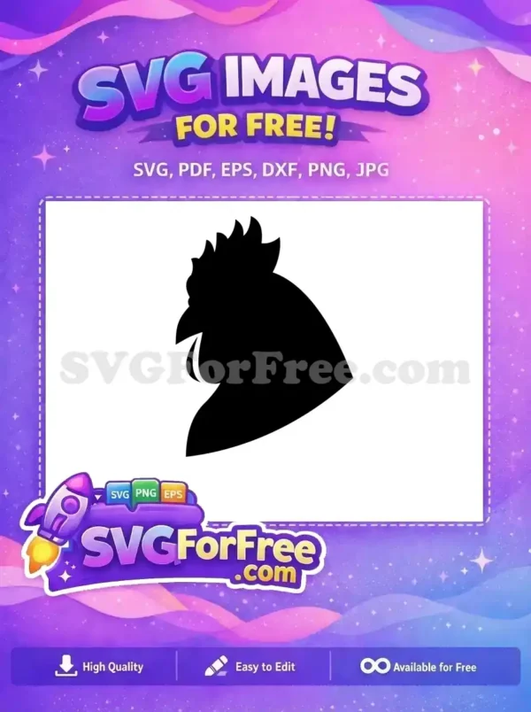 A bold free rooster head silhouette, black on white, showcasing its distinct comb and wattle. A versatile free design for various creative projects.
