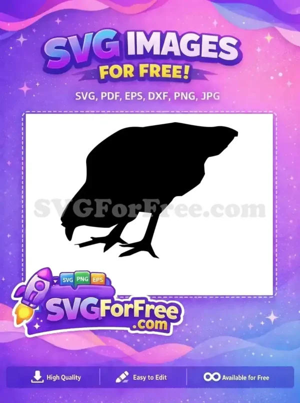 A detailed free black chicken silhouette, head down pecking, perfect for farm-themed free design projects and crafts.