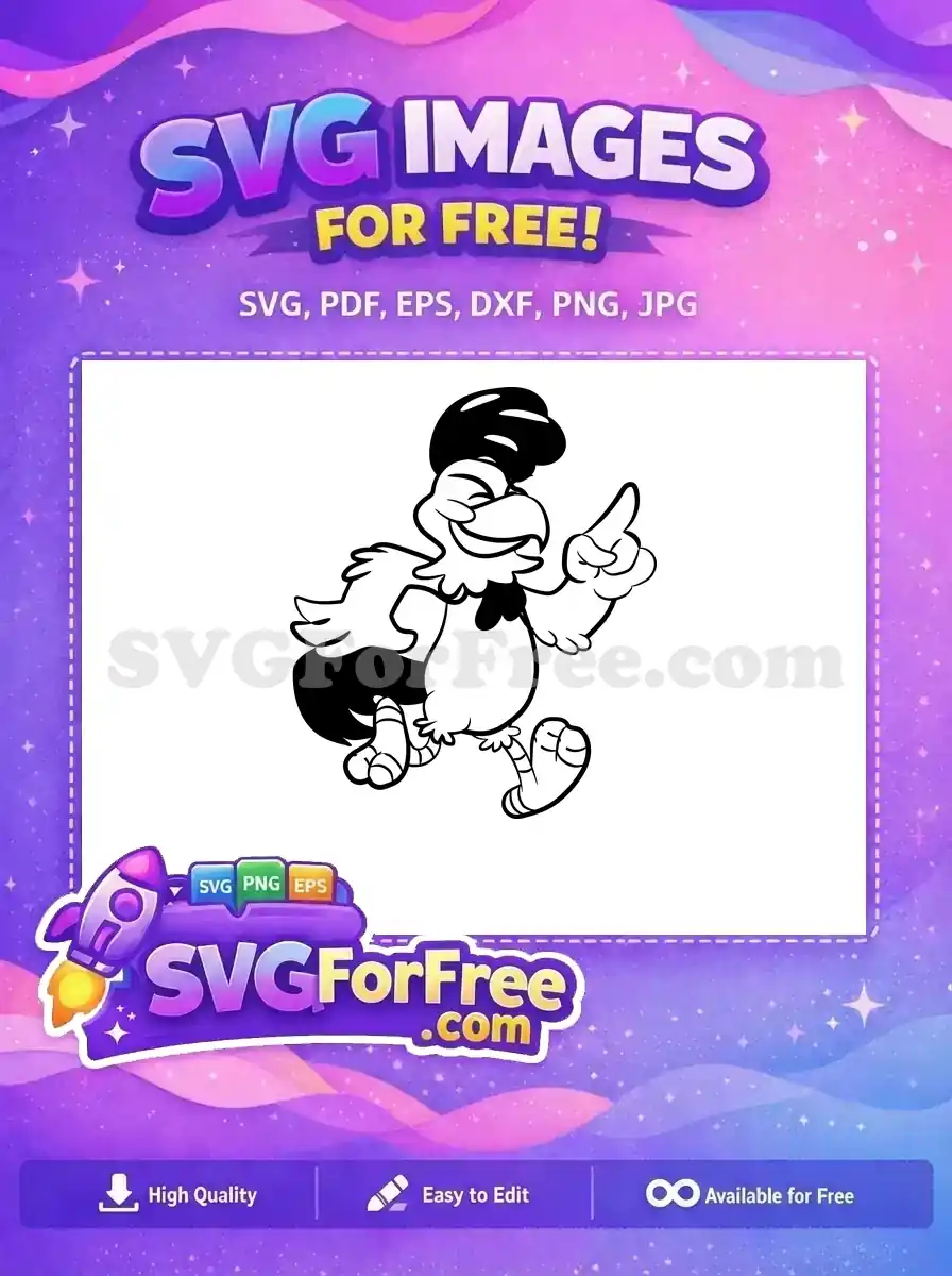 A dynamic free design showcasing a happy cartoon rooster, walking and pointing, ready to bring joy to your creations.