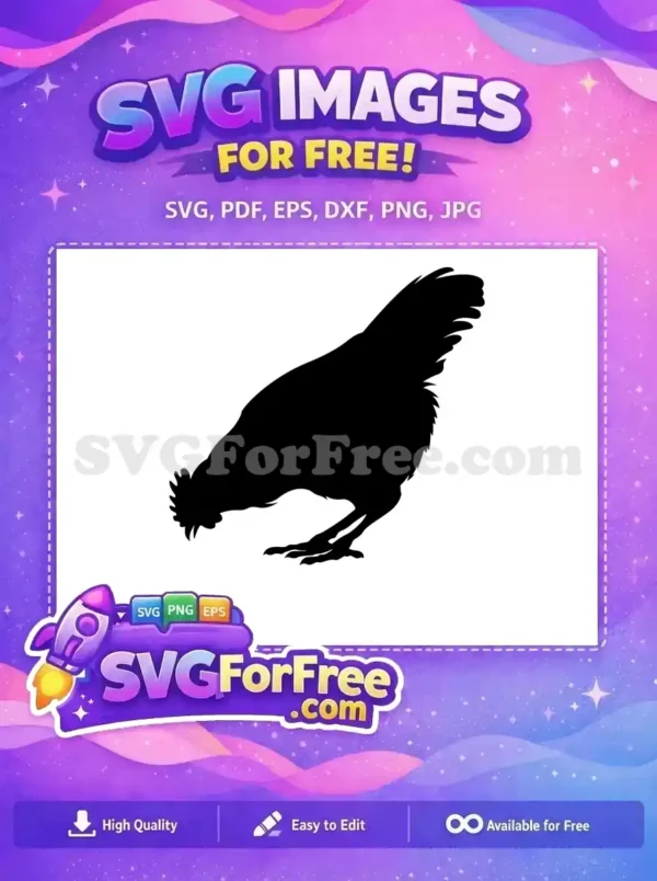 A free black silhouette of a chicken pecking, ideal for farmhouse decor and craft projects. This free design is versatile.