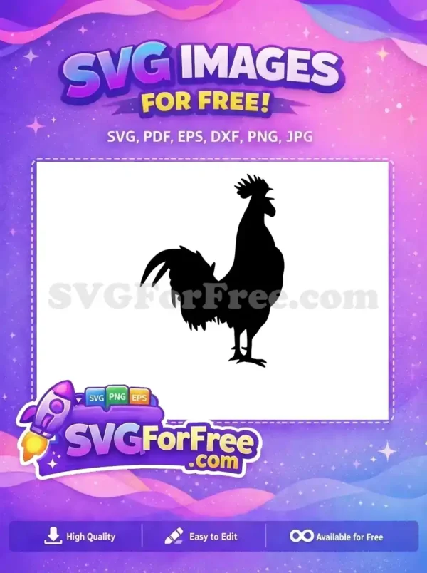 A striking free black silhouette of a proud rooster, ready for crowing, offering a versatile free design for crafts.