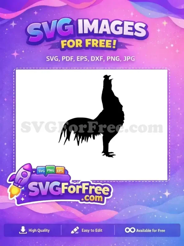 A free, bold black silhouette of a crowing rooster, head thrown back, with detailed comb and flowing tail feathers.