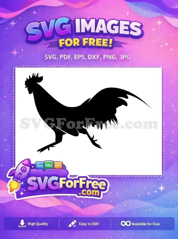 Free Rooster Silhouette SVG – Dynamic Farm Animal Design A majestic free black rooster silhouette, captured mid-stride. This dynamic free vector design is perfect for various creative projects.