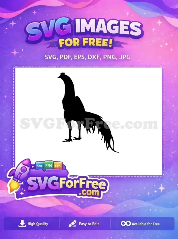 A striking black rooster silhouette, a free design, standing proudly with a long neck and elegant tail feathers.