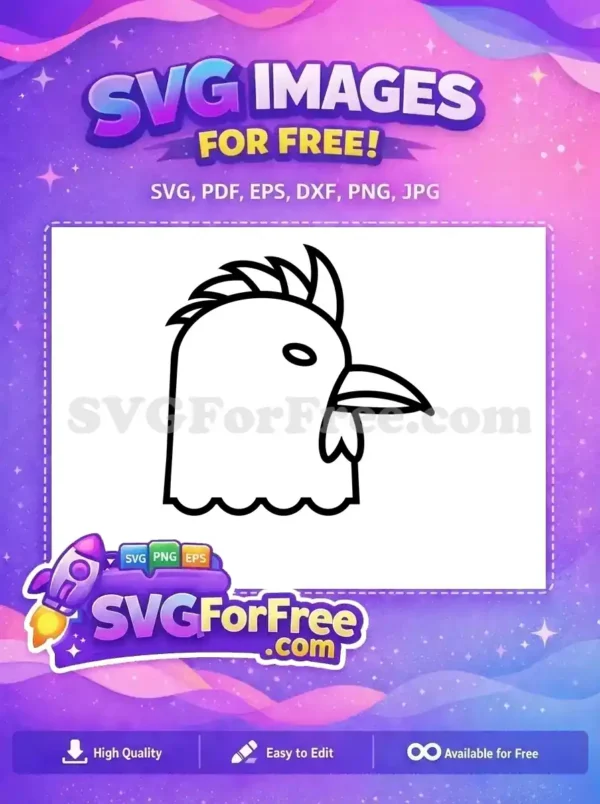 A clear outline of a chicken's head in profile, featuring a comb, eye, beak, and wattle. This free design is ideal for various creative projects.