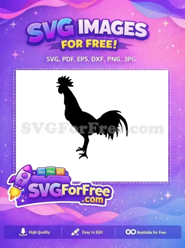 A free graceful rooster silhouette, standing tall with comb and wattle, ready for your creative projects.