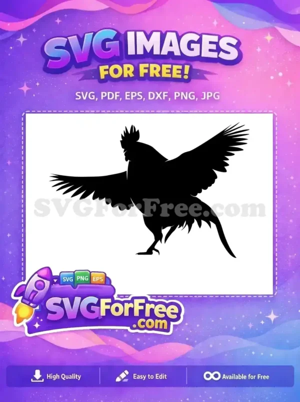 A dynamic free black rooster silhouette with wings spread wide, ready for your creative projects. Download this free design now!