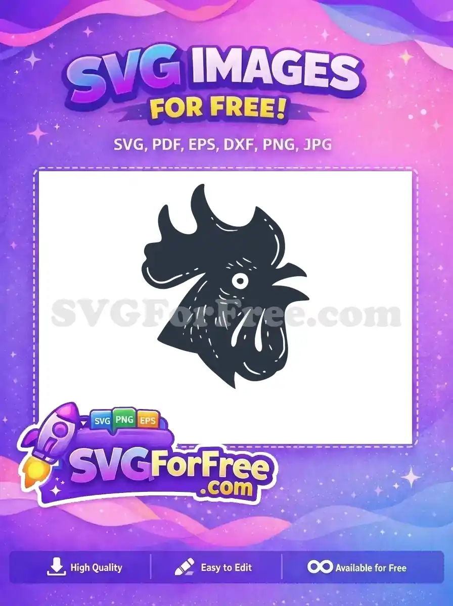 A detailed, free rooster head SVG, dark gray with white textured lines, featuring a comb and wattle. Free for all your craft needs.