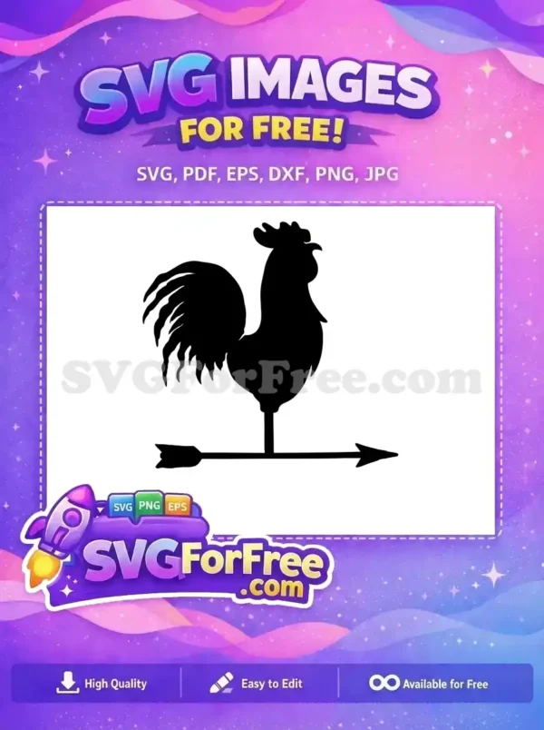 A striking black silhouette of a rooster weathervane, a free design perfect for rustic decor and craft projects. Get your free SVG now!
