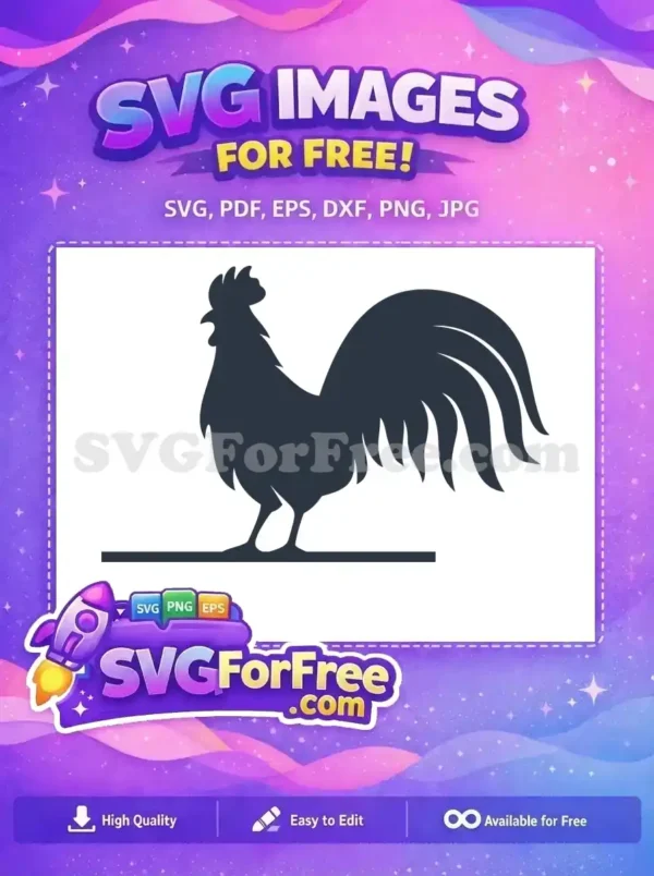 A striking, free dark silhouette of a proud rooster standing on a line, ready to crow. Perfect for farm-themed free designs.