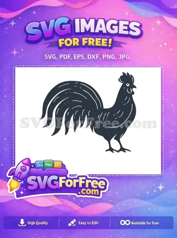 A striking free rooster SVG silhouette, showcasing intricate feather details. Download this versatile free design for crafts and decor.
