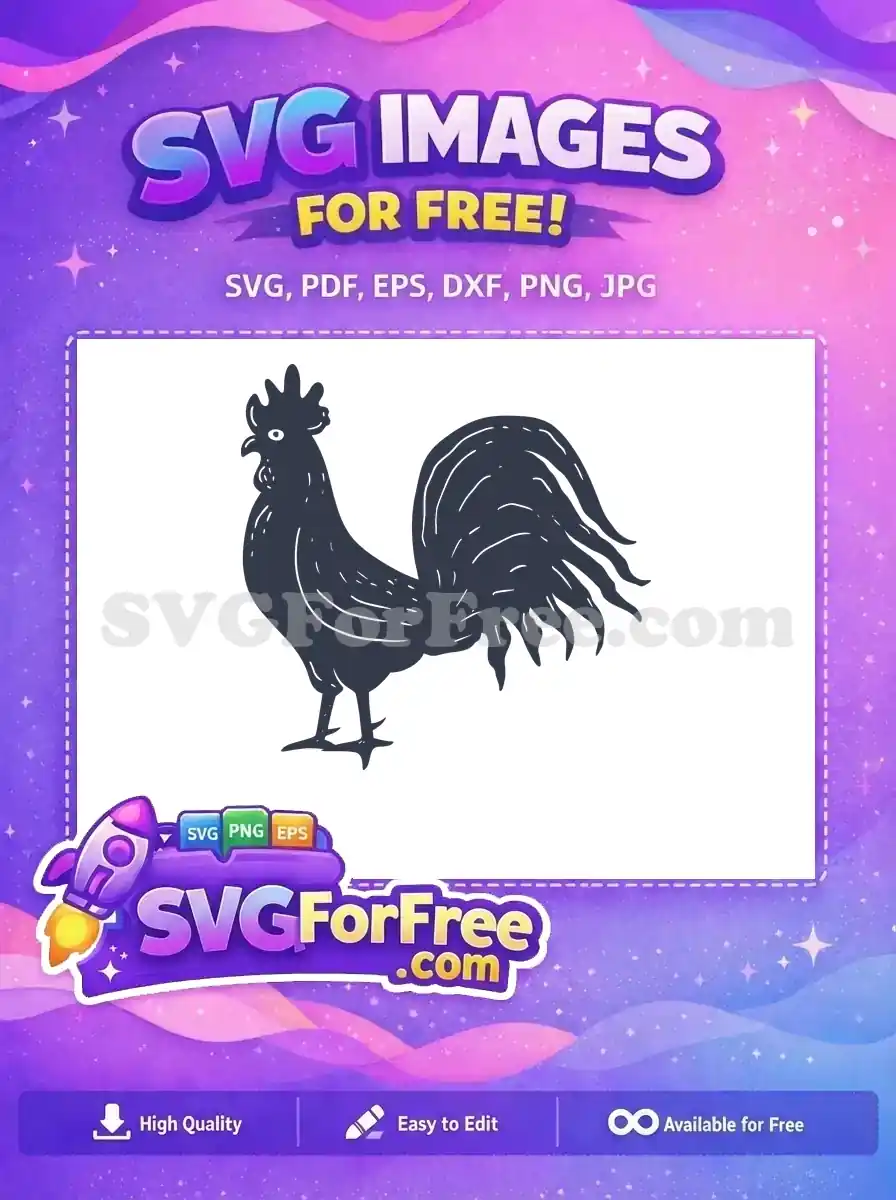 A stunning free rooster silhouette design, showcasing its proud stance and detailed feathers. Ideal for farm-themed free crafts.