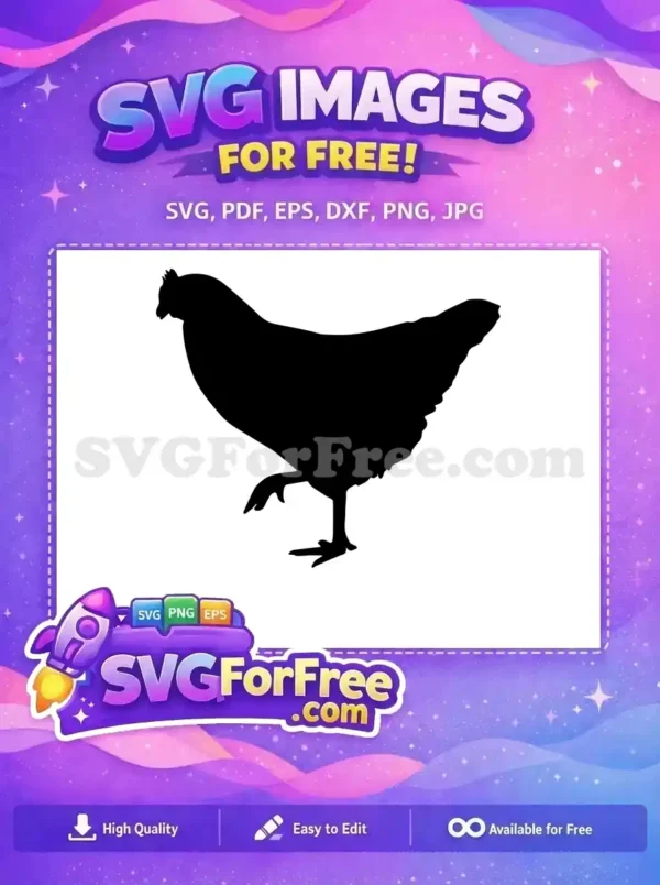A clean, free black silhouette of a chicken standing, ready for your creative projects. This free SVG is highly versatile.