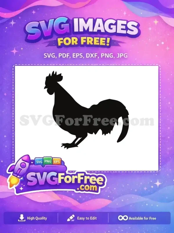 A striking black rooster silhouette, a fantastic free design for crafts and decor, offering artistic versatility.