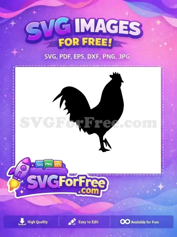 A majestic free rooster silhouette, boldly outlined in black, standing proudly. Ideal for farm-themed crafts and decor.