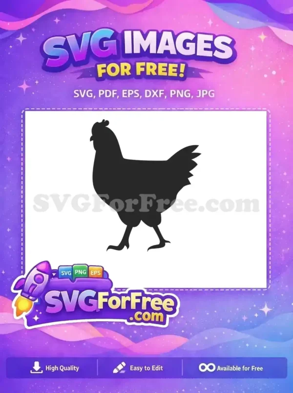 Free Chicken Silhouette SVG Design – Farm Animal Vector A free chicken silhouette, walking left, offers a versatile design element for various creative projects. Download this free SVG!