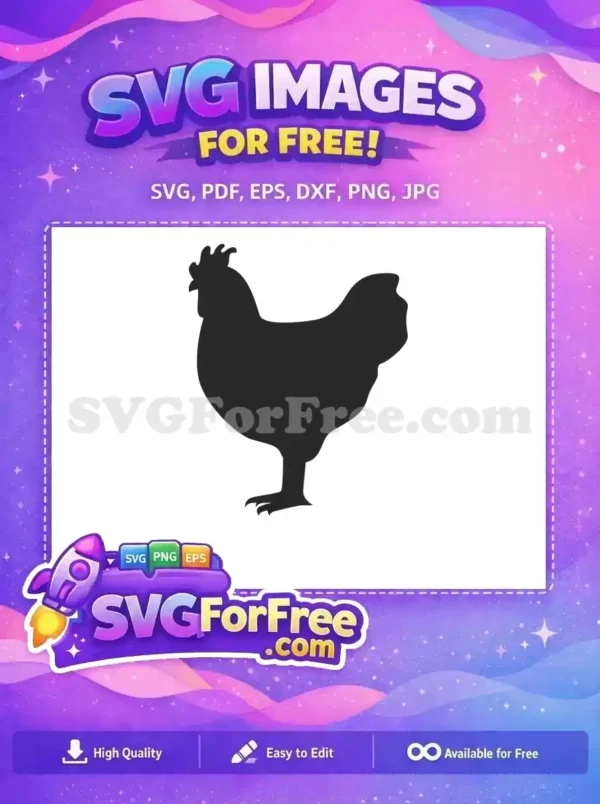 A crisp, free black silhouette of a chicken, ideal for farm-themed crafts and designs. This versatile free SVG offers clean lines.