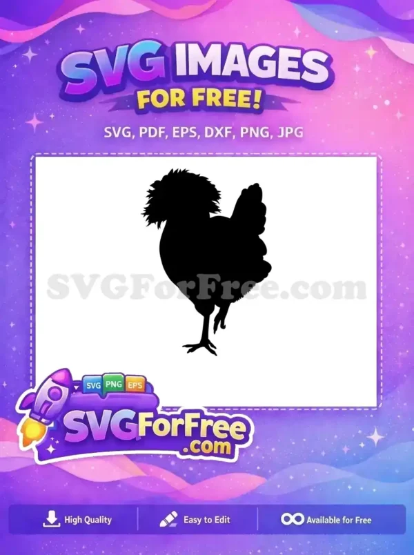 Free crested chicken silhouette SVG. This unique hen design, standing on one leg, is perfect for free farm-themed crafts.